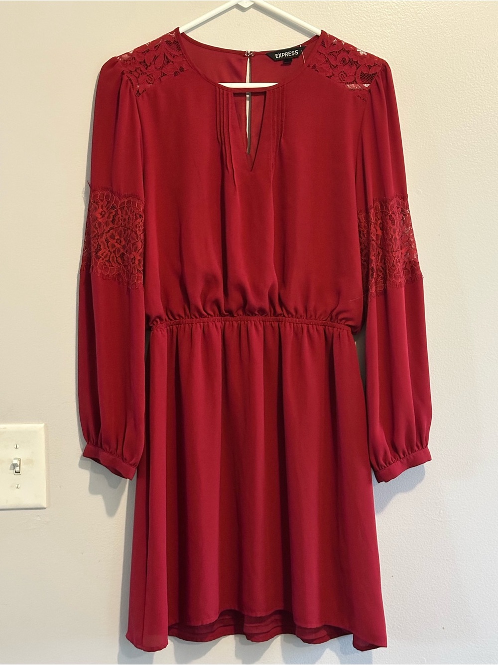 Express Red Long Sleeve Lace-Trim Dress